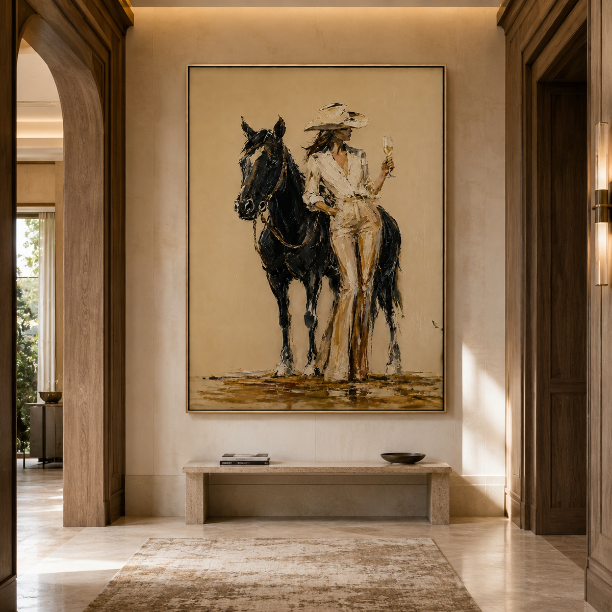 Champagne Cowgirl-Black Horse Western Painting