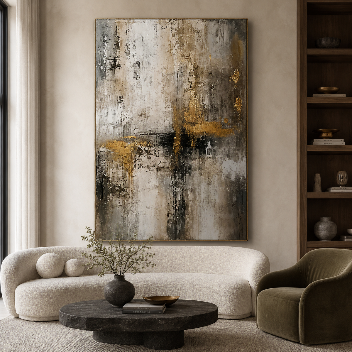 Gilded Veil-Gold Neutral Abstract Painting
