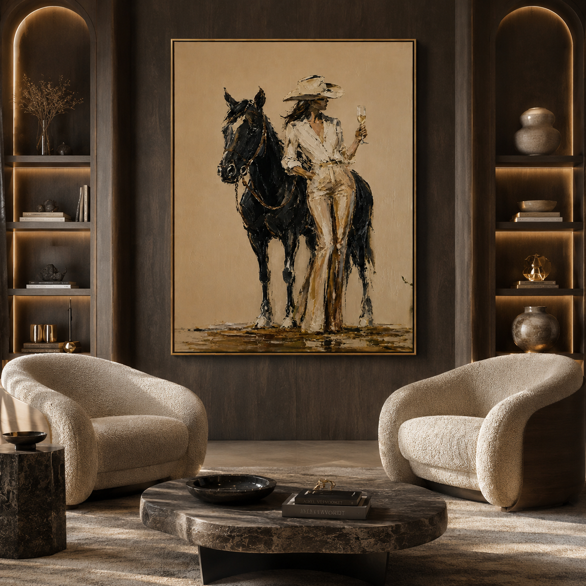 Champagne Cowgirl-Black Horse Western Painting