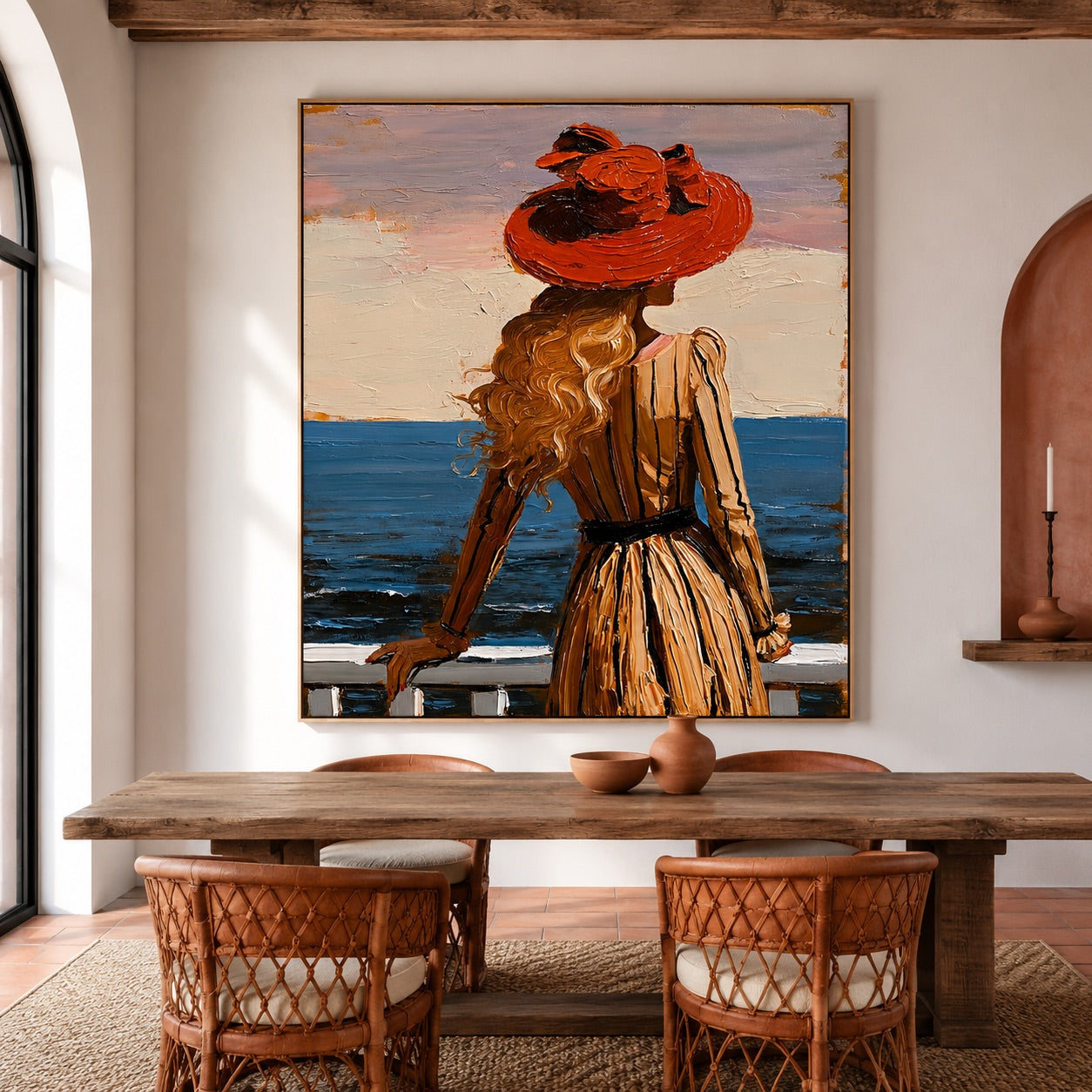 Scarlet Shore-Vintage Seaside Woman Oil Painting