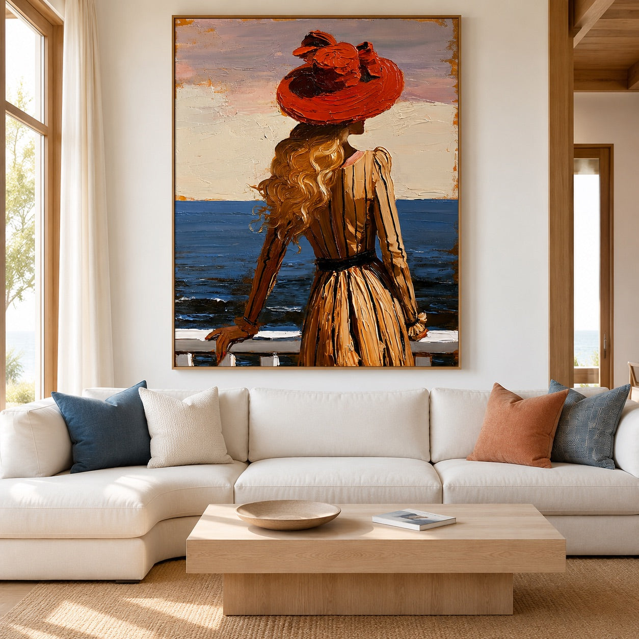Scarlet Shore-Vintage Seaside Woman Oil Painting