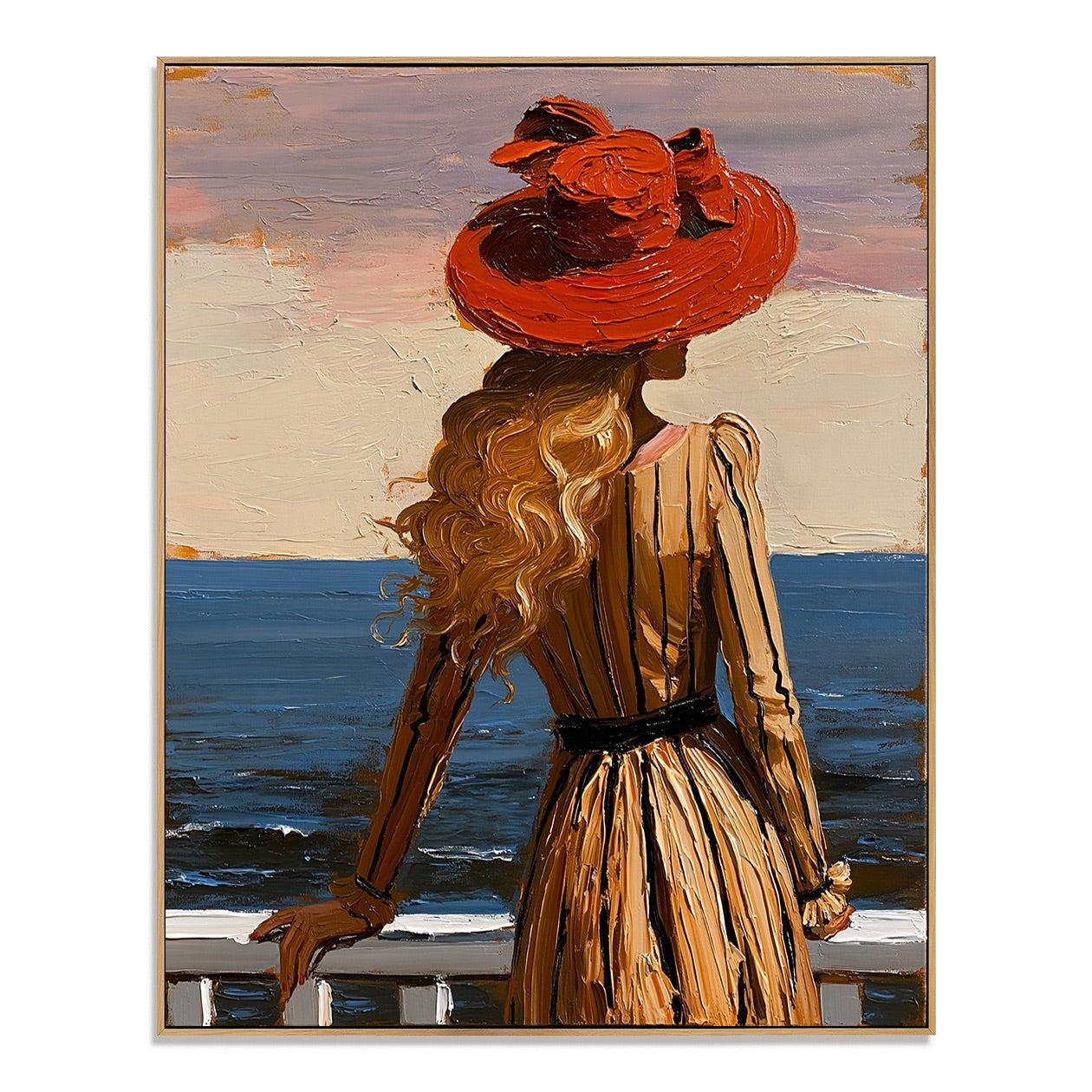 Scarlet Shore-Vintage Seaside Woman Oil Painting