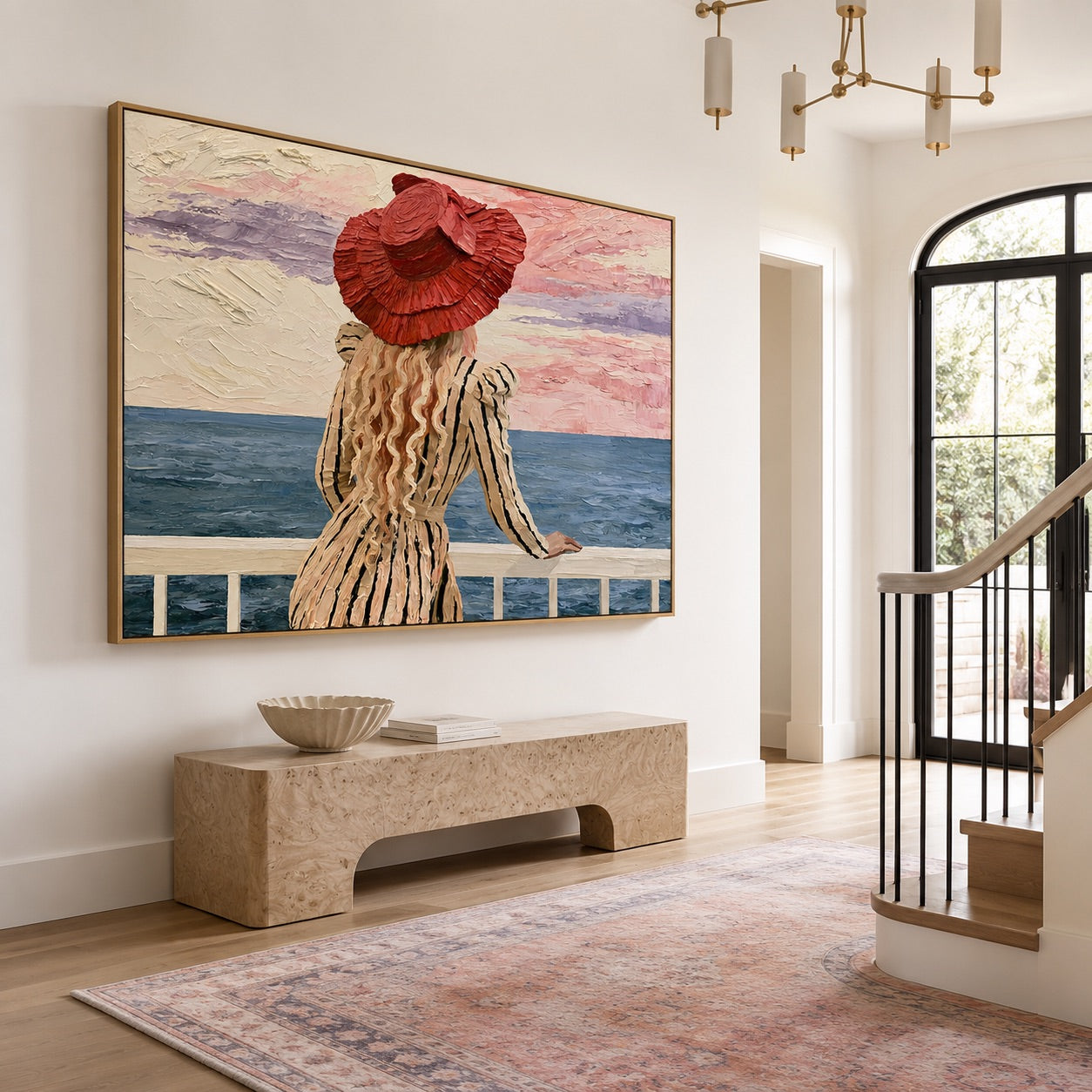 Rose Horizon-Striped Seaside Woman Oil Painting
