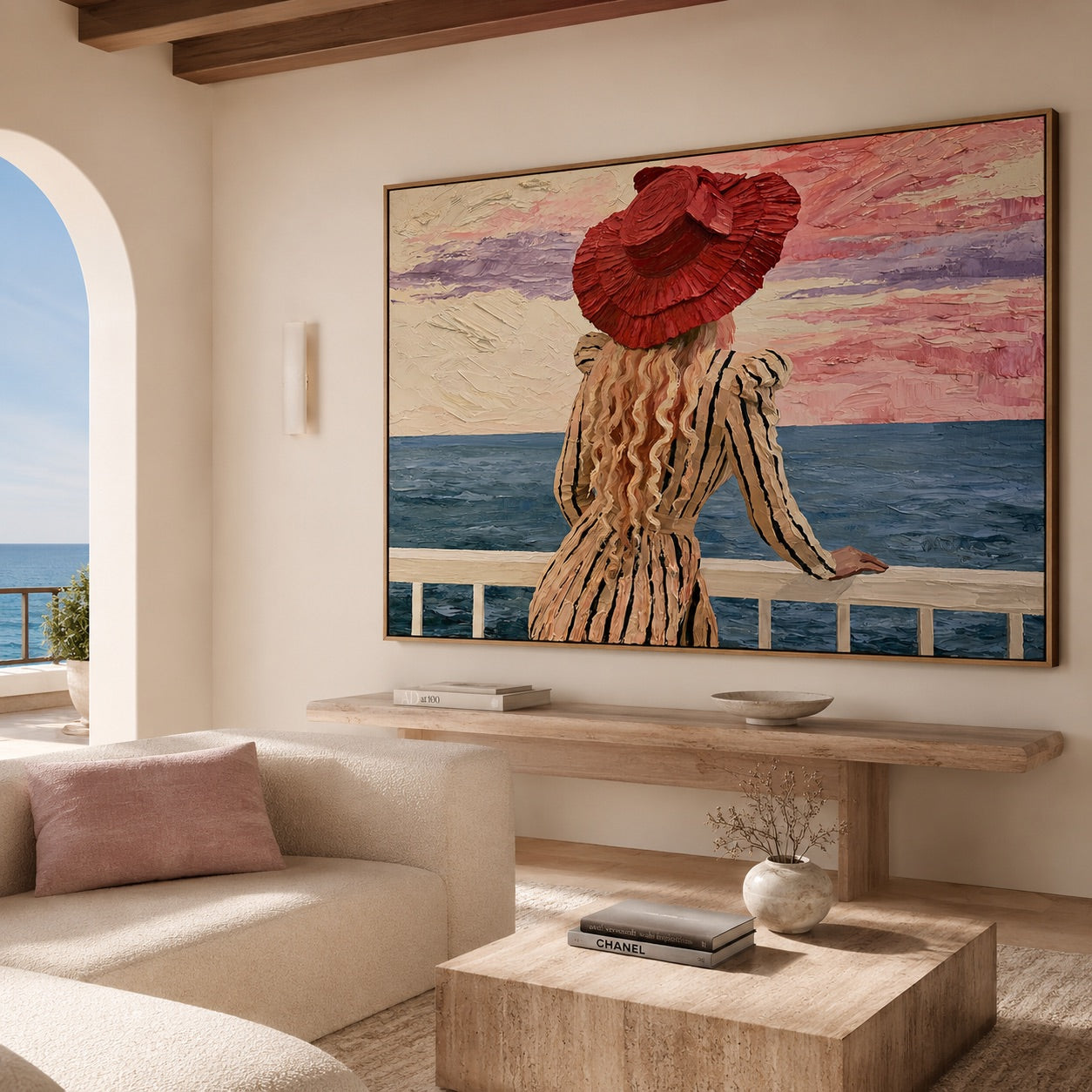 Rose Horizon-Striped Seaside Woman Oil Painting