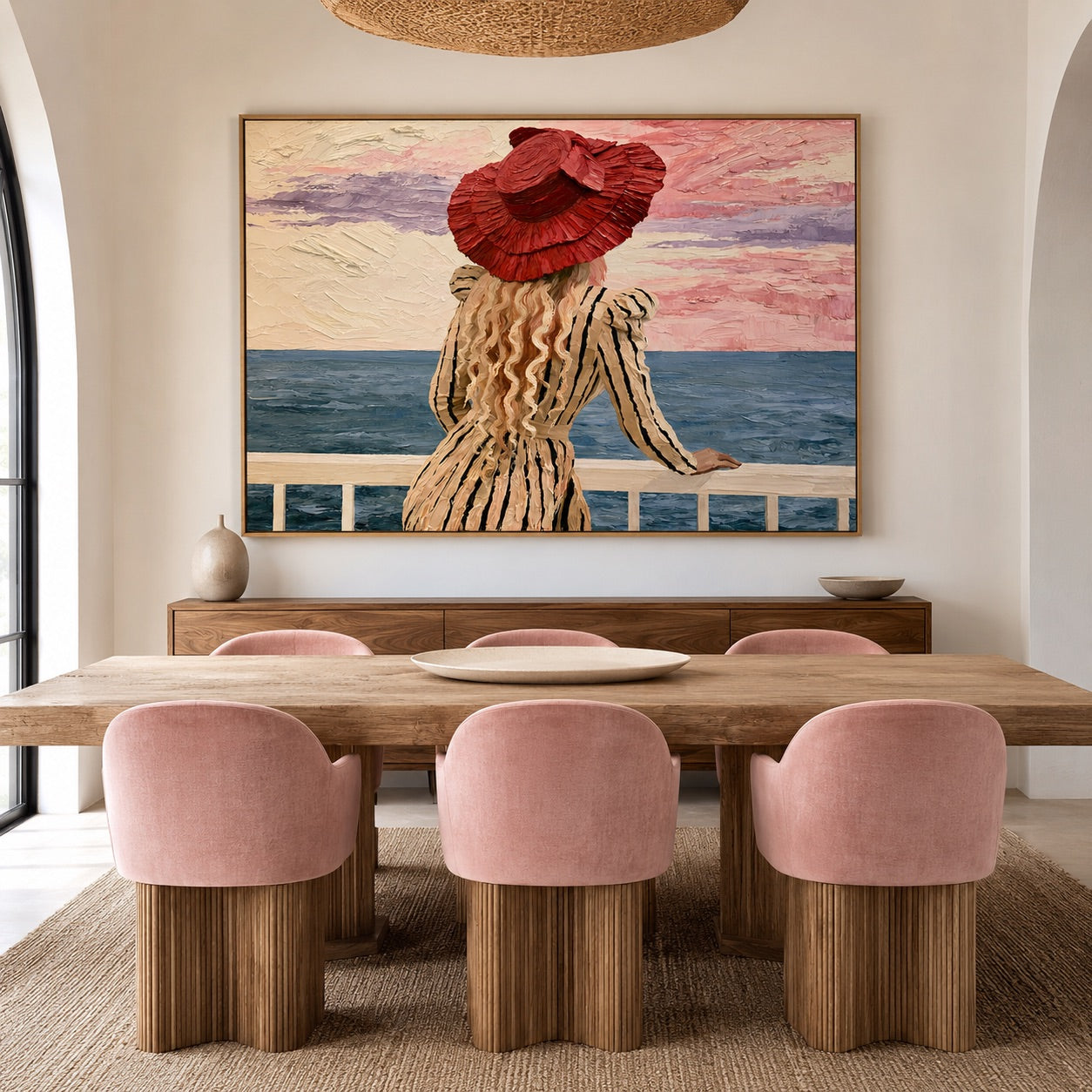 Rose Horizon-Striped Seaside Woman Oil Painting