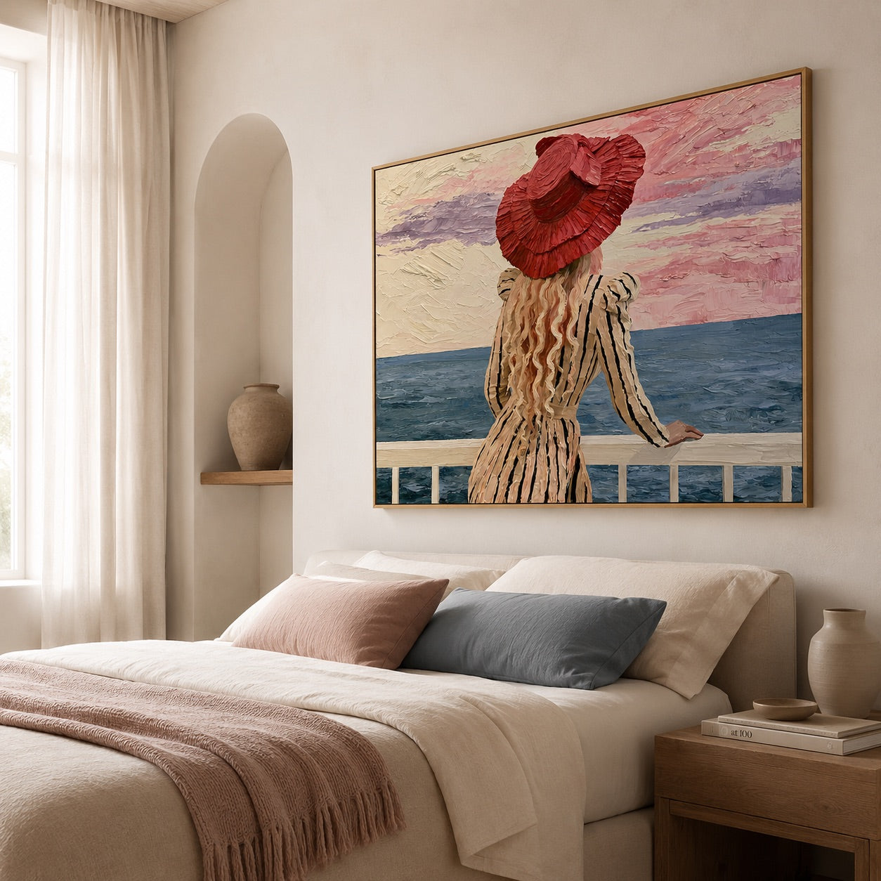 Rose Horizon-Striped Seaside Woman Oil Painting