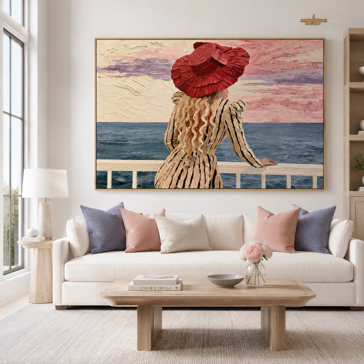 Rose Horizon-Striped Seaside Woman Oil Painting