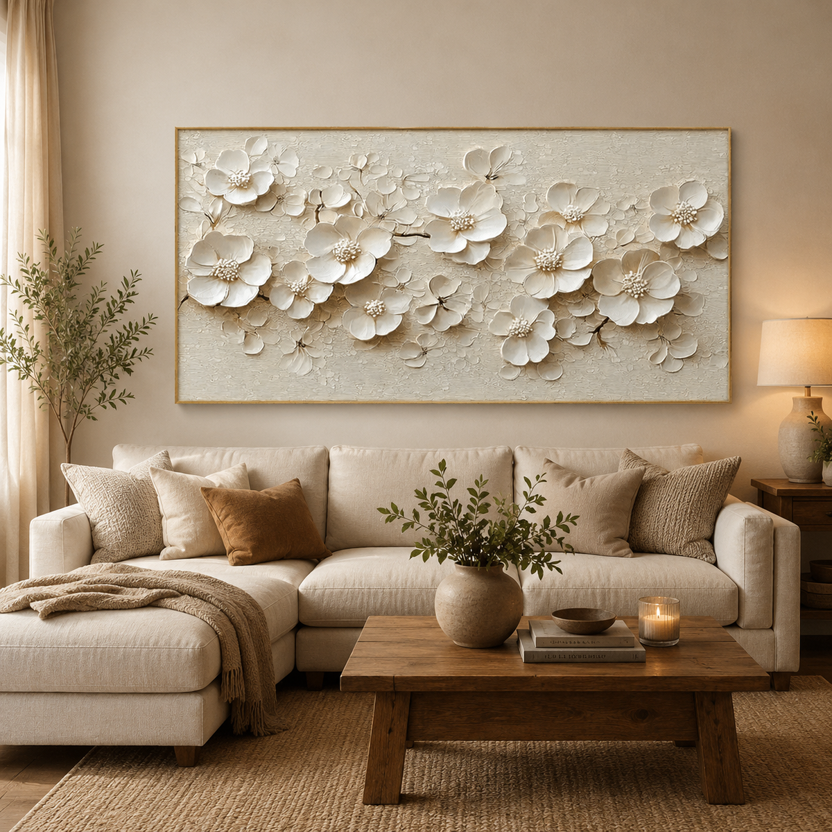 Ivory Blossom-White Floral Relief Painting