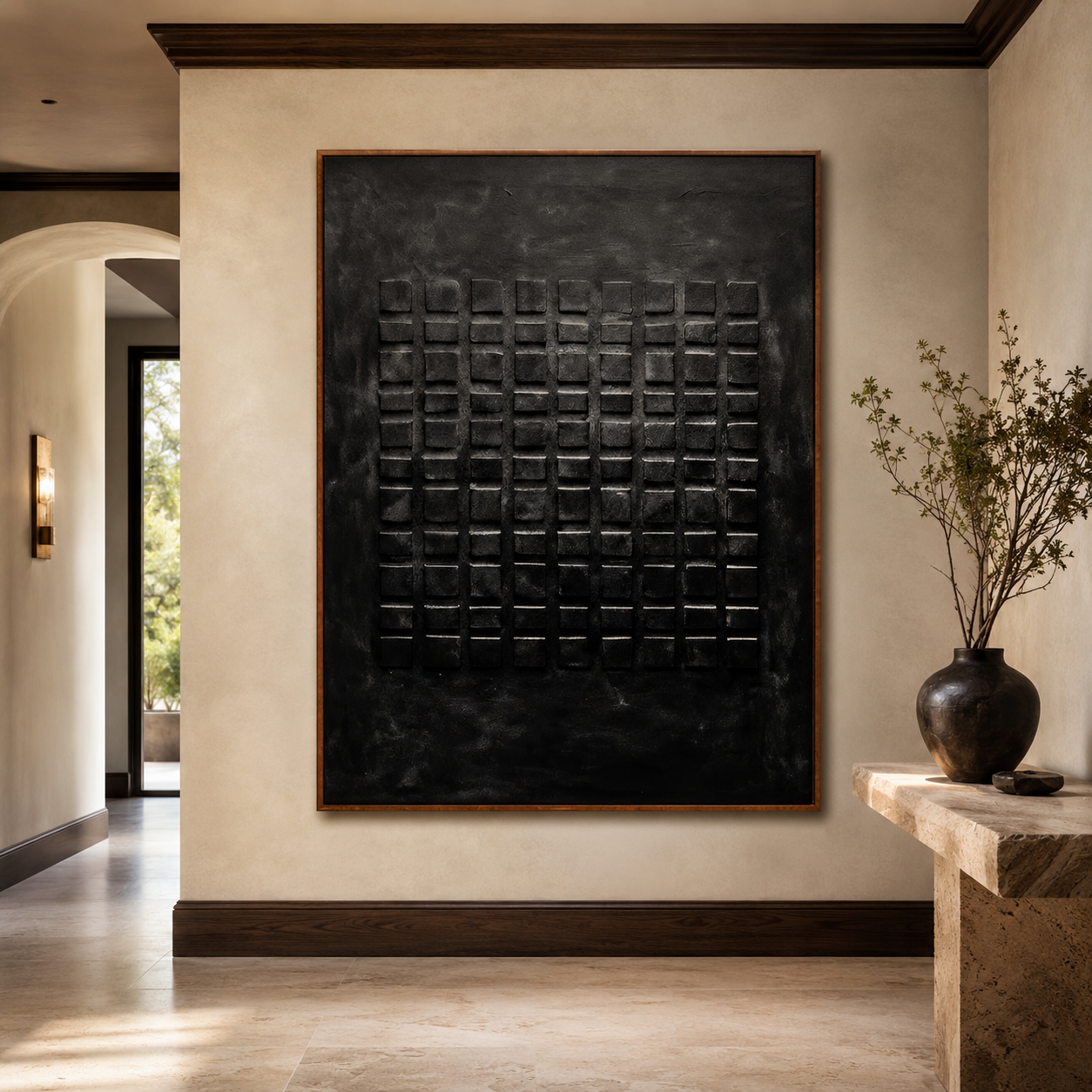 Obsidian Grid-Black Textured Abstract Painting