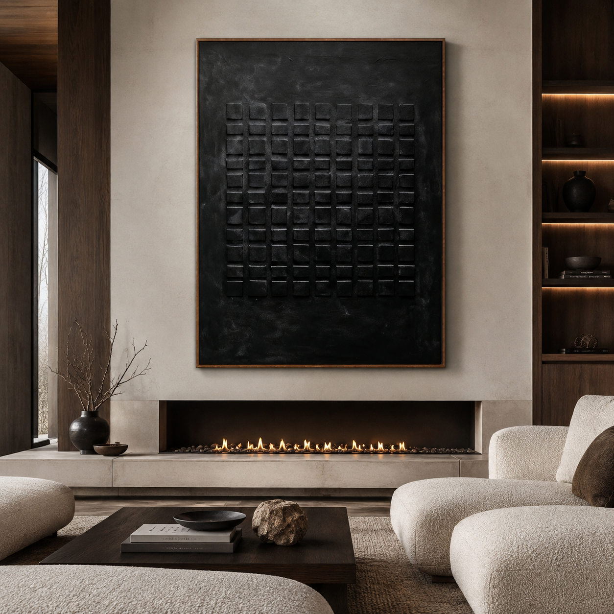 Obsidian Grid-Black Textured Abstract Painting