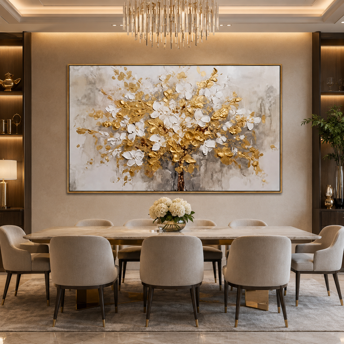 Golden Bloom-White Gold Floral Tree Painting