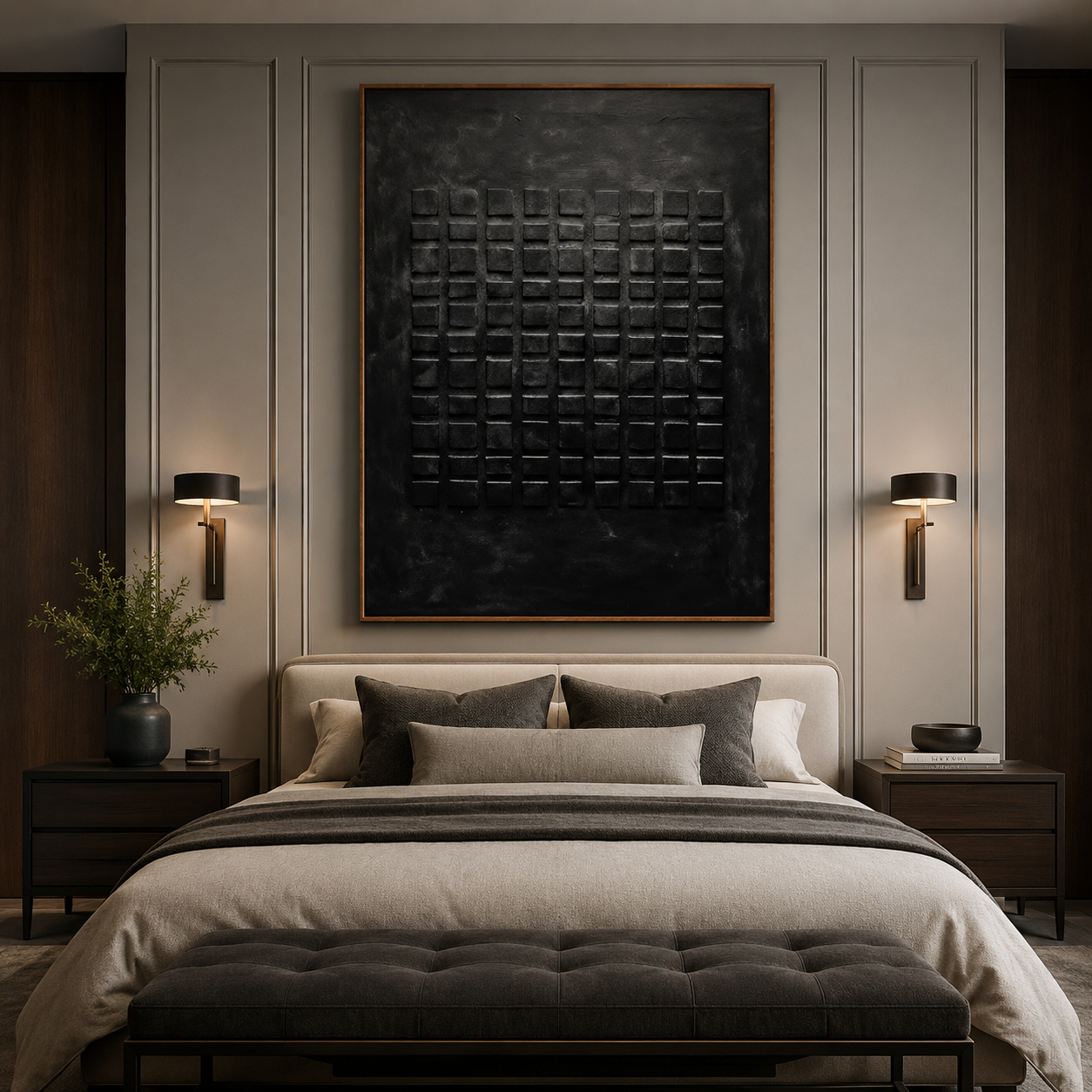 Obsidian Grid-Black Textured Abstract Painting