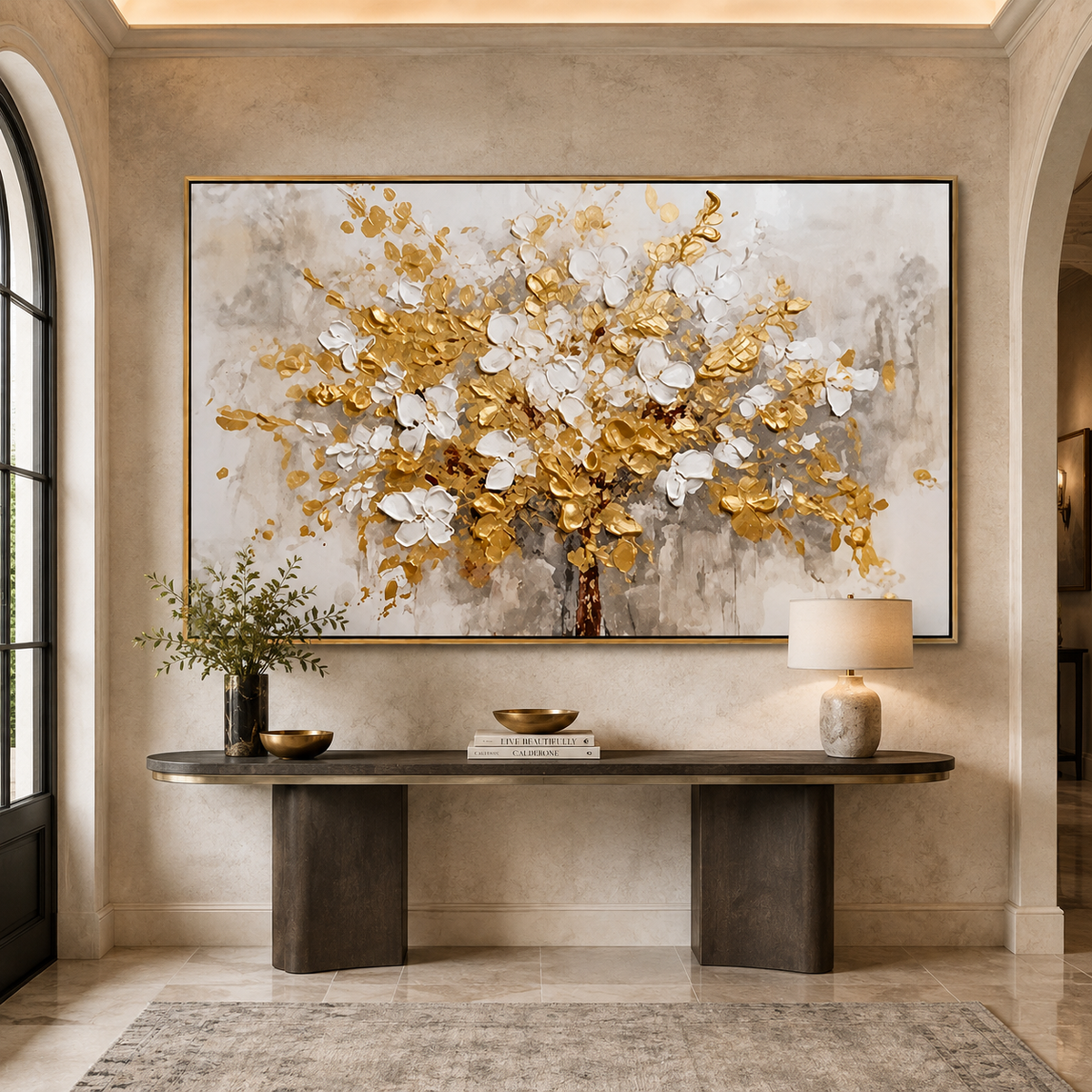 Golden Bloom-White Gold Floral Tree Painting