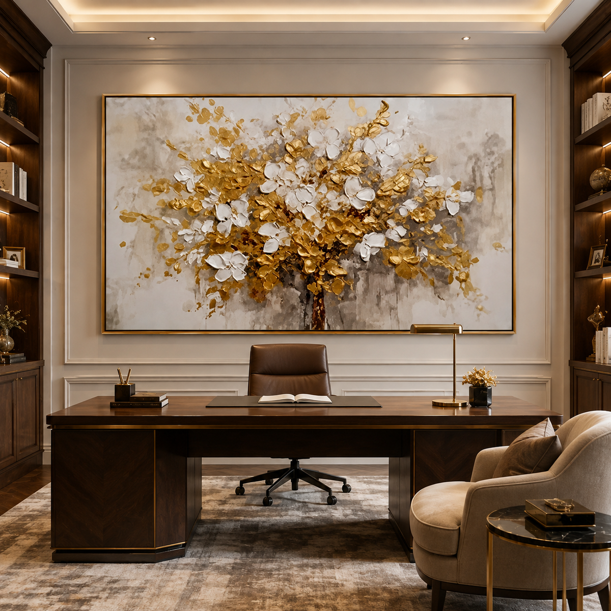 Golden Bloom-White Gold Floral Tree Painting