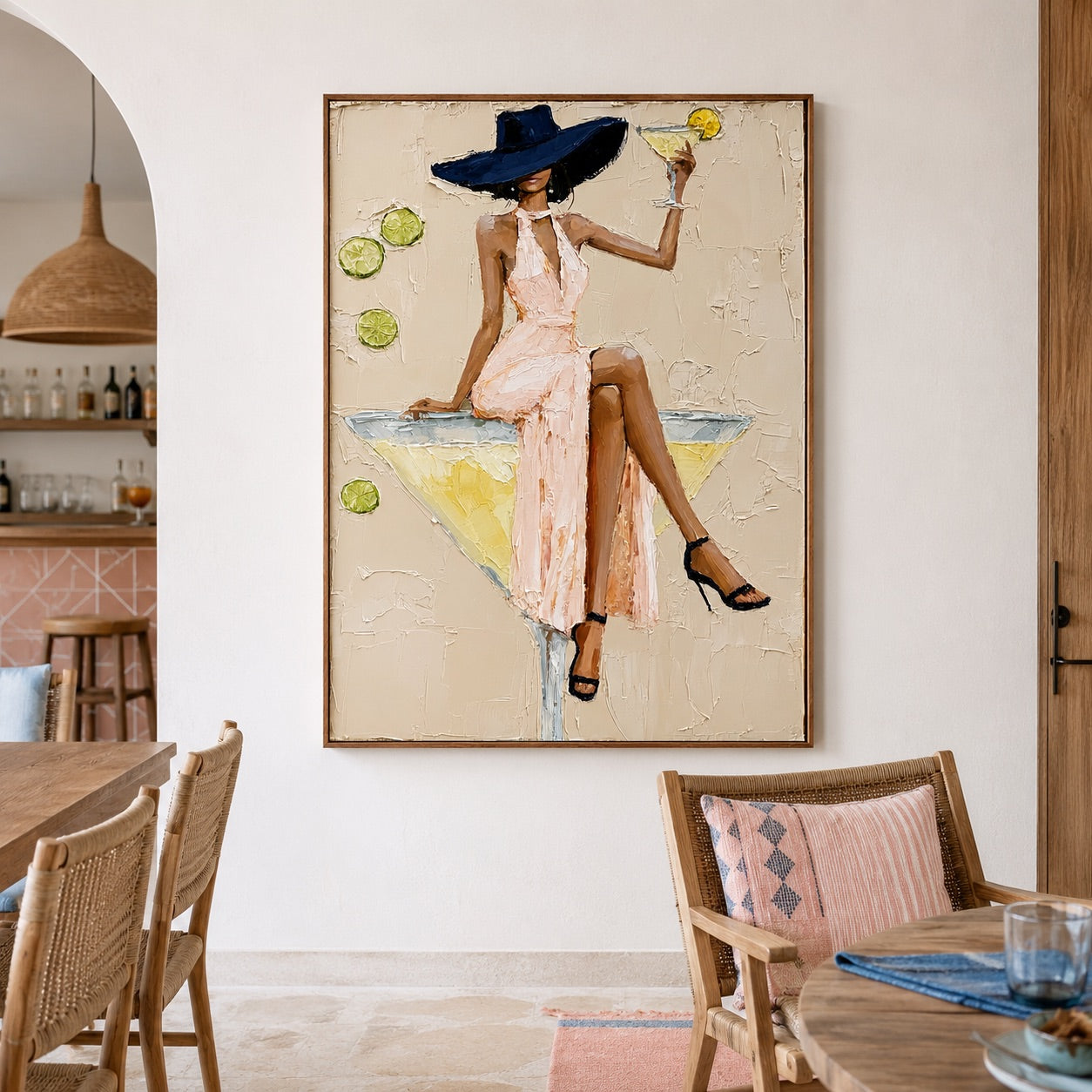 Citrus Hour-Navy Hat Cocktail Oil Painting