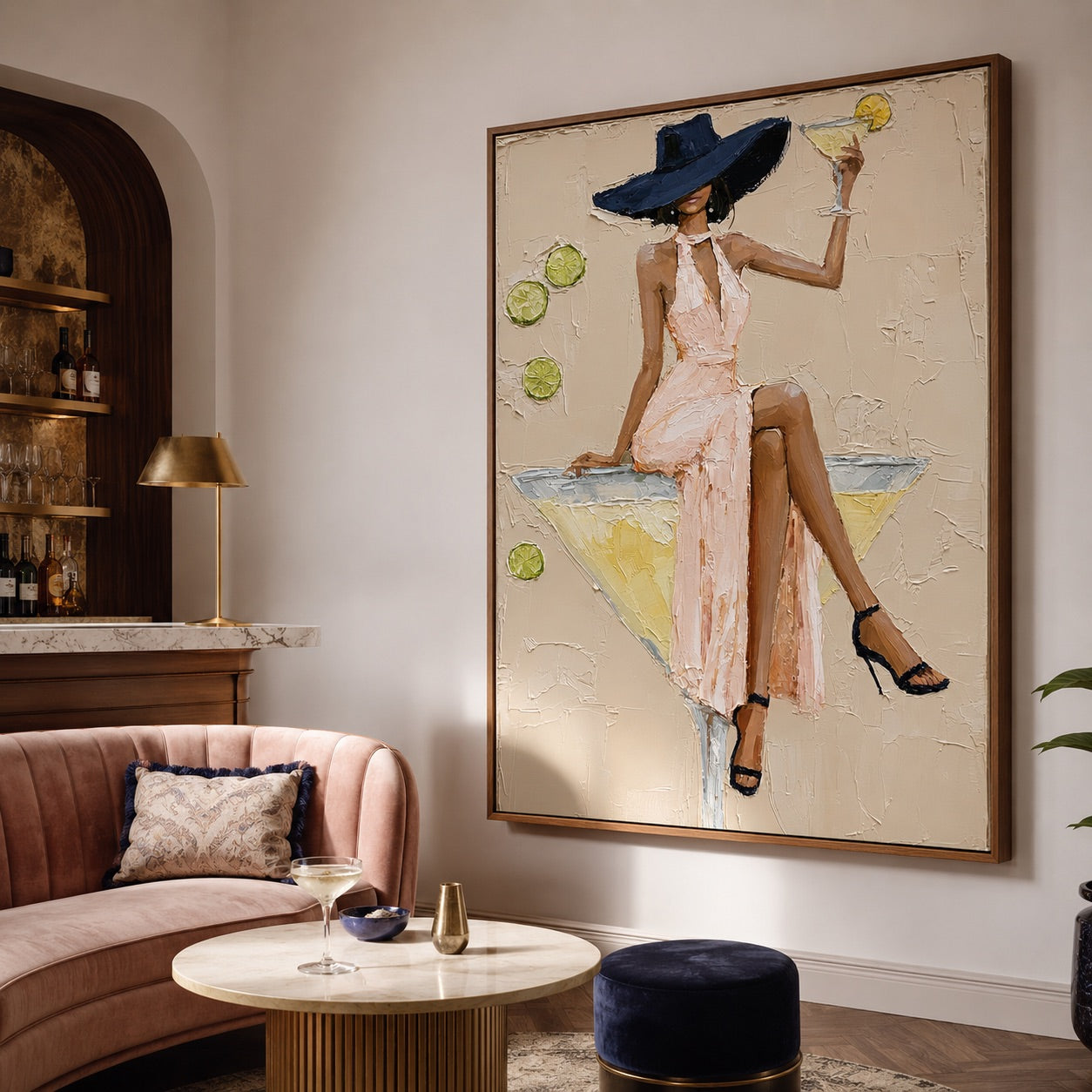 Citrus Hour-Navy Hat Cocktail Oil Painting
