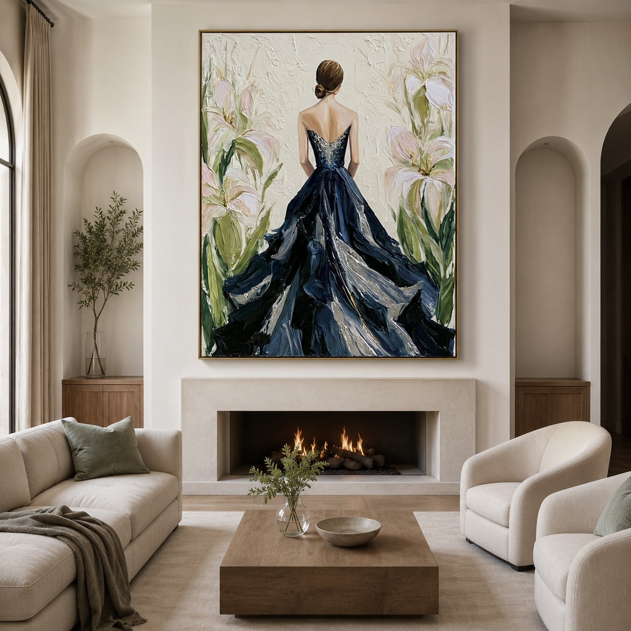 Midnight Bloom-Black Dress Woman Oil Painting