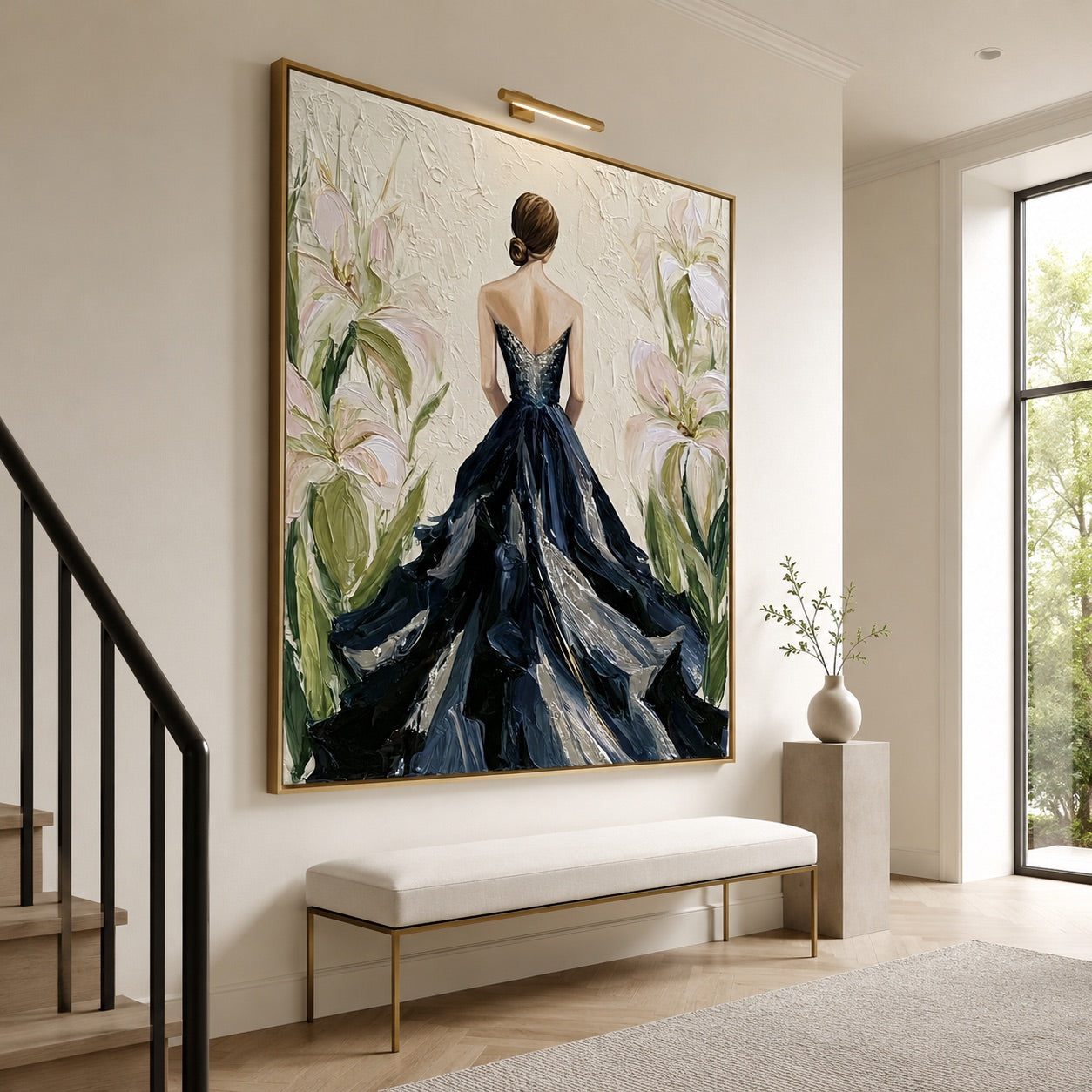 Midnight Bloom-Black Dress Woman Oil Painting