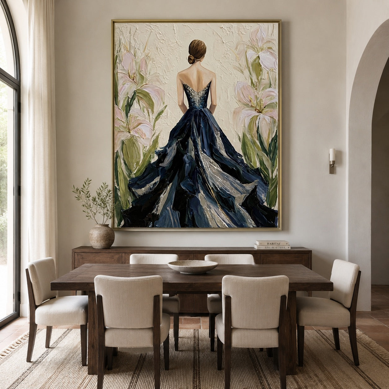 Midnight Bloom-Black Dress Woman Oil Painting