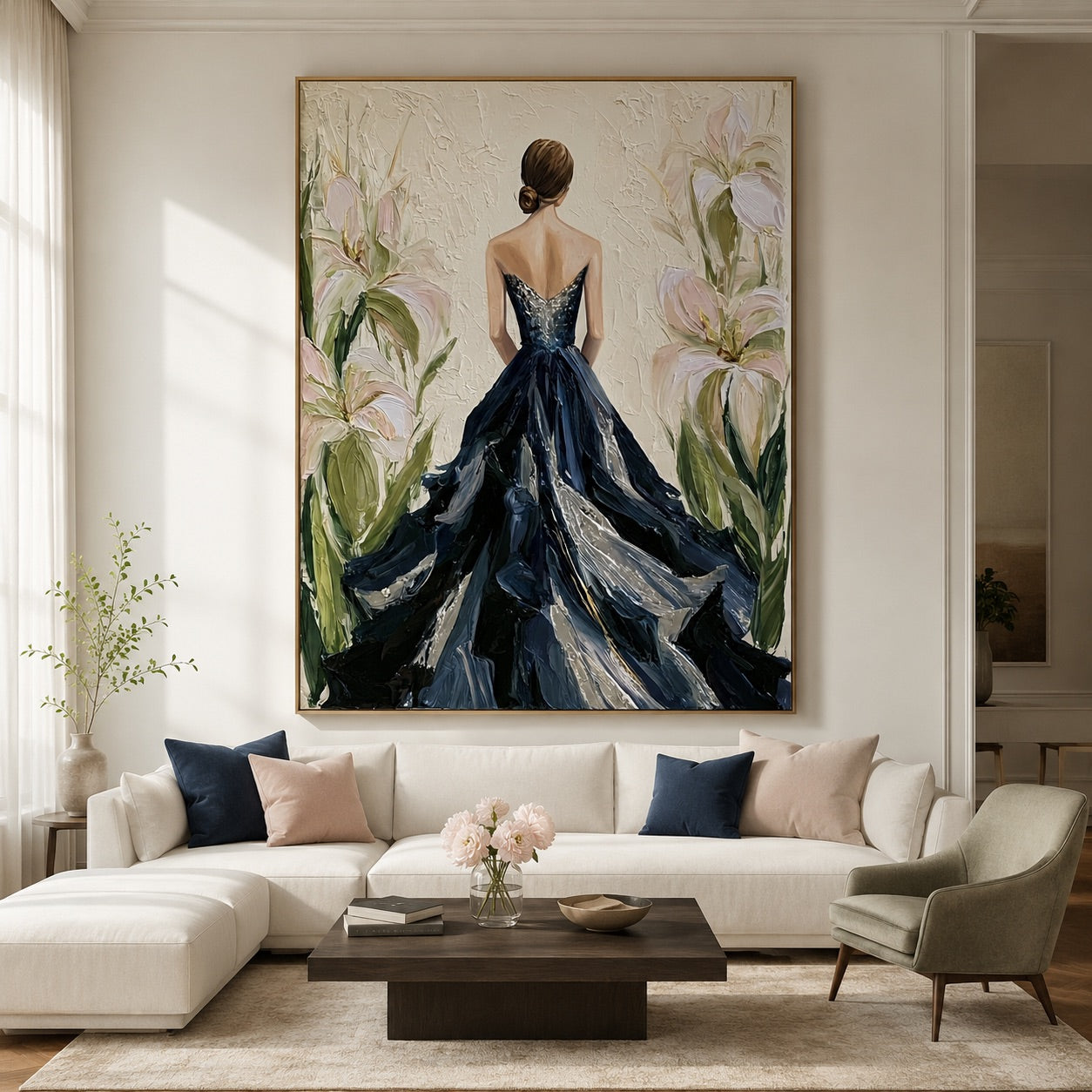 Midnight Bloom-Black Dress Woman Oil Painting