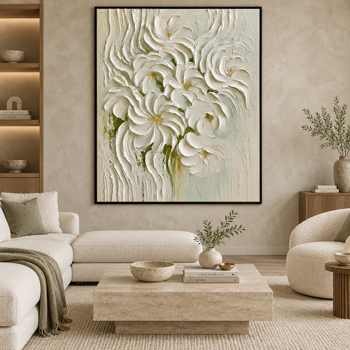 Ivory Bloom-Textured Floral Oil Painting