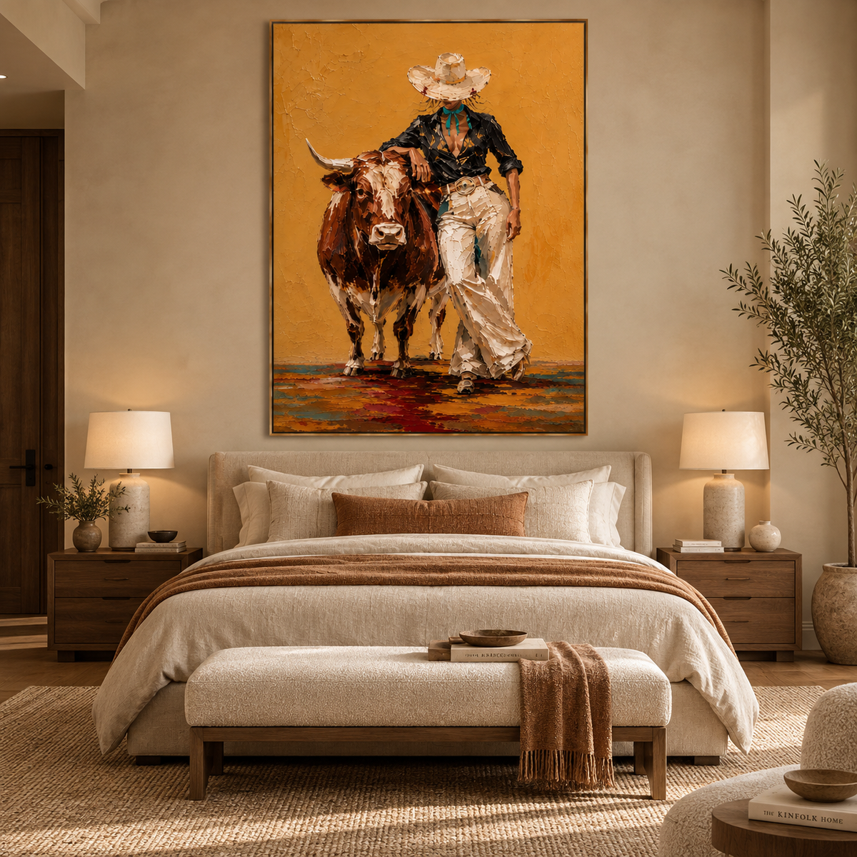 Golden Longhorn Muse-Western Cowgirl Painting