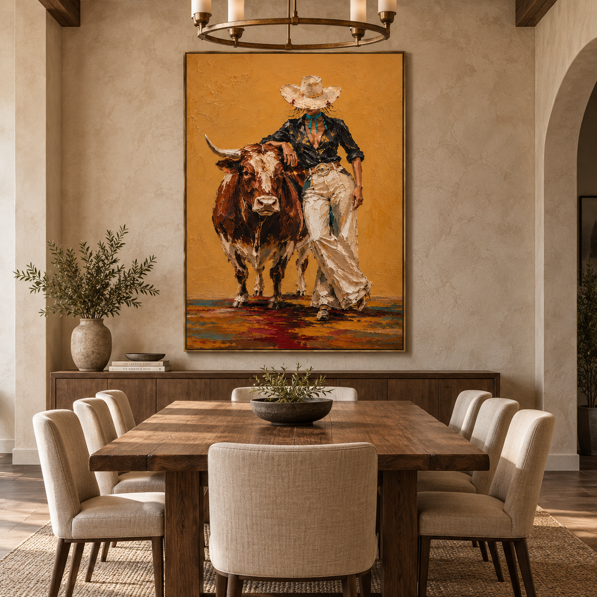 Golden Longhorn Muse-Western Cowgirl Painting