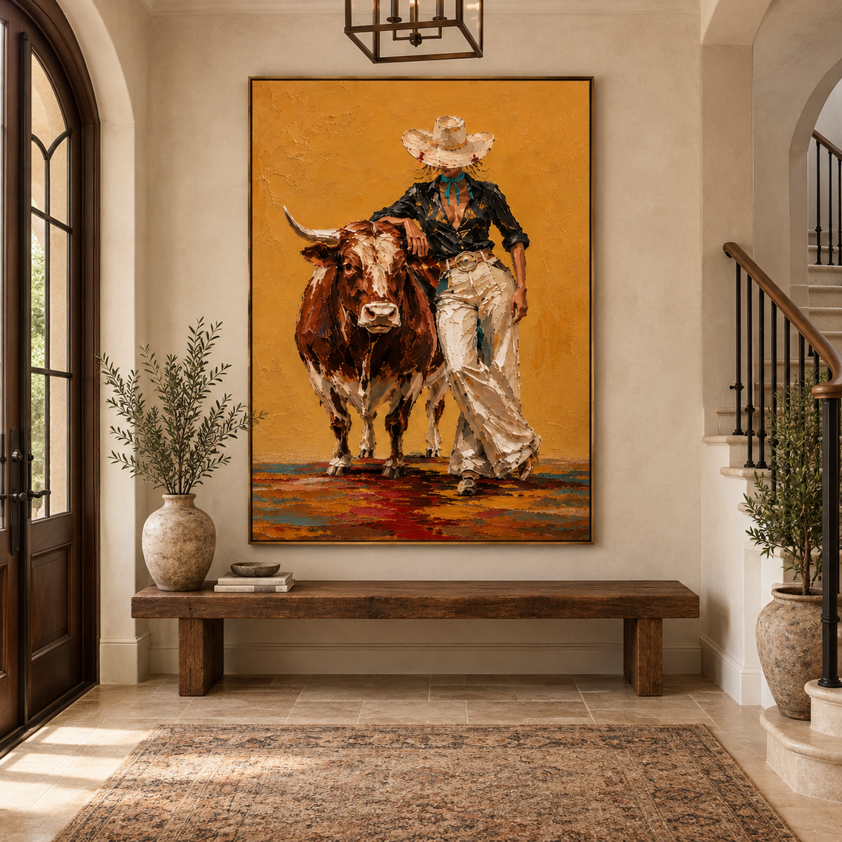 Golden Longhorn Muse-Western Cowgirl Painting