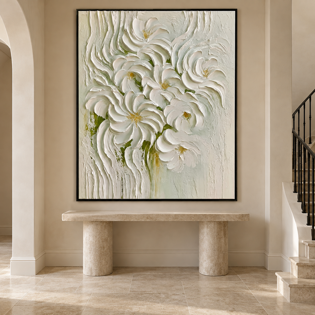 Ivory Bloom-Textured Floral Oil Painting
