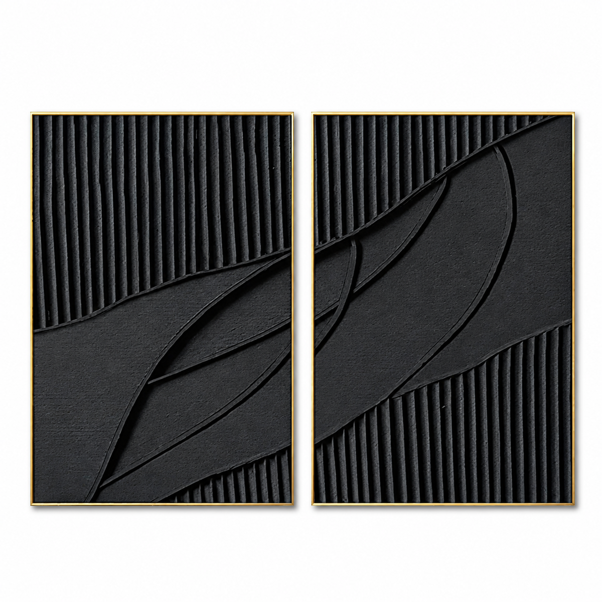 Shadow Rhythm-Black Geometric Diptych Painting