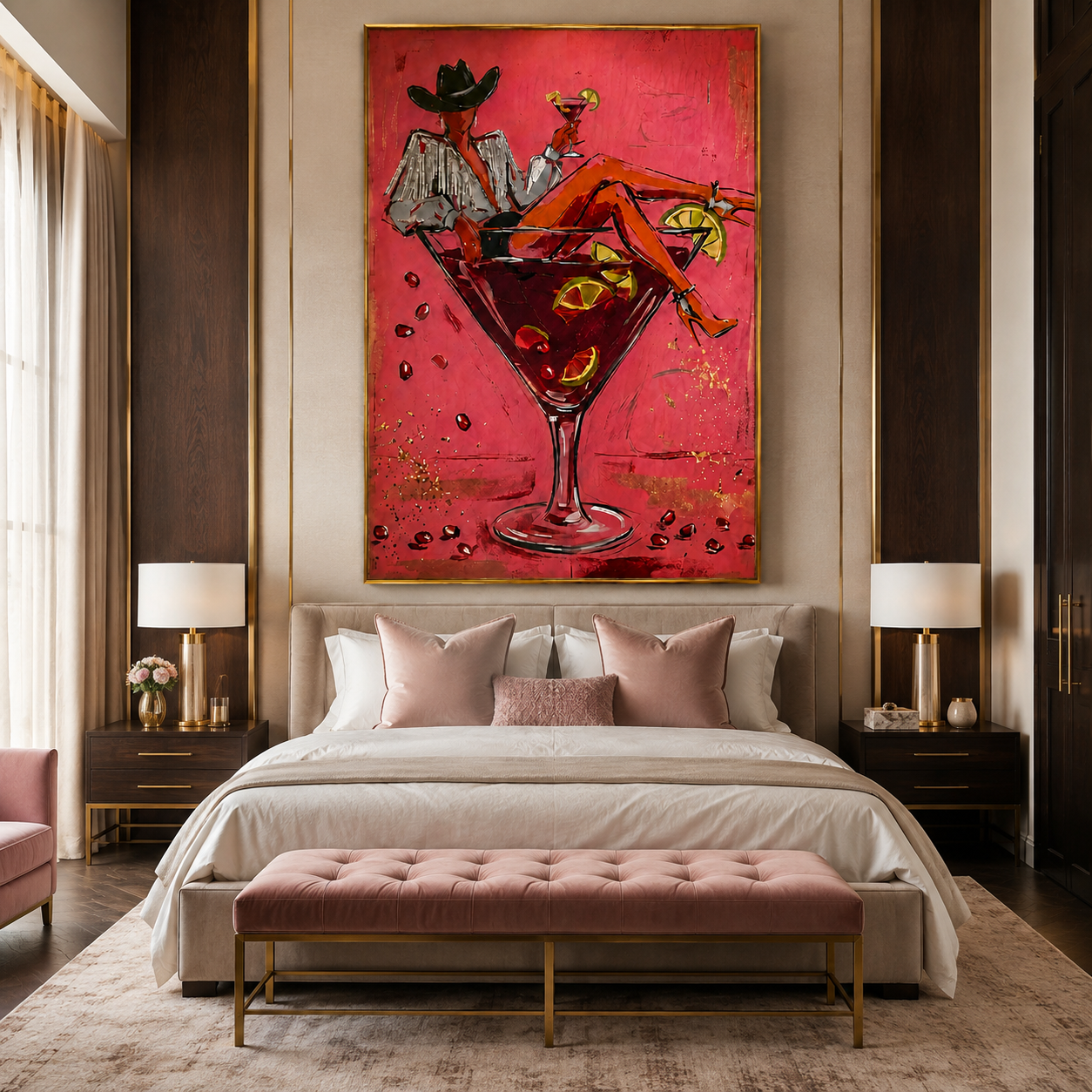 Crimson Martini Cowgirl-Retro Western Painting