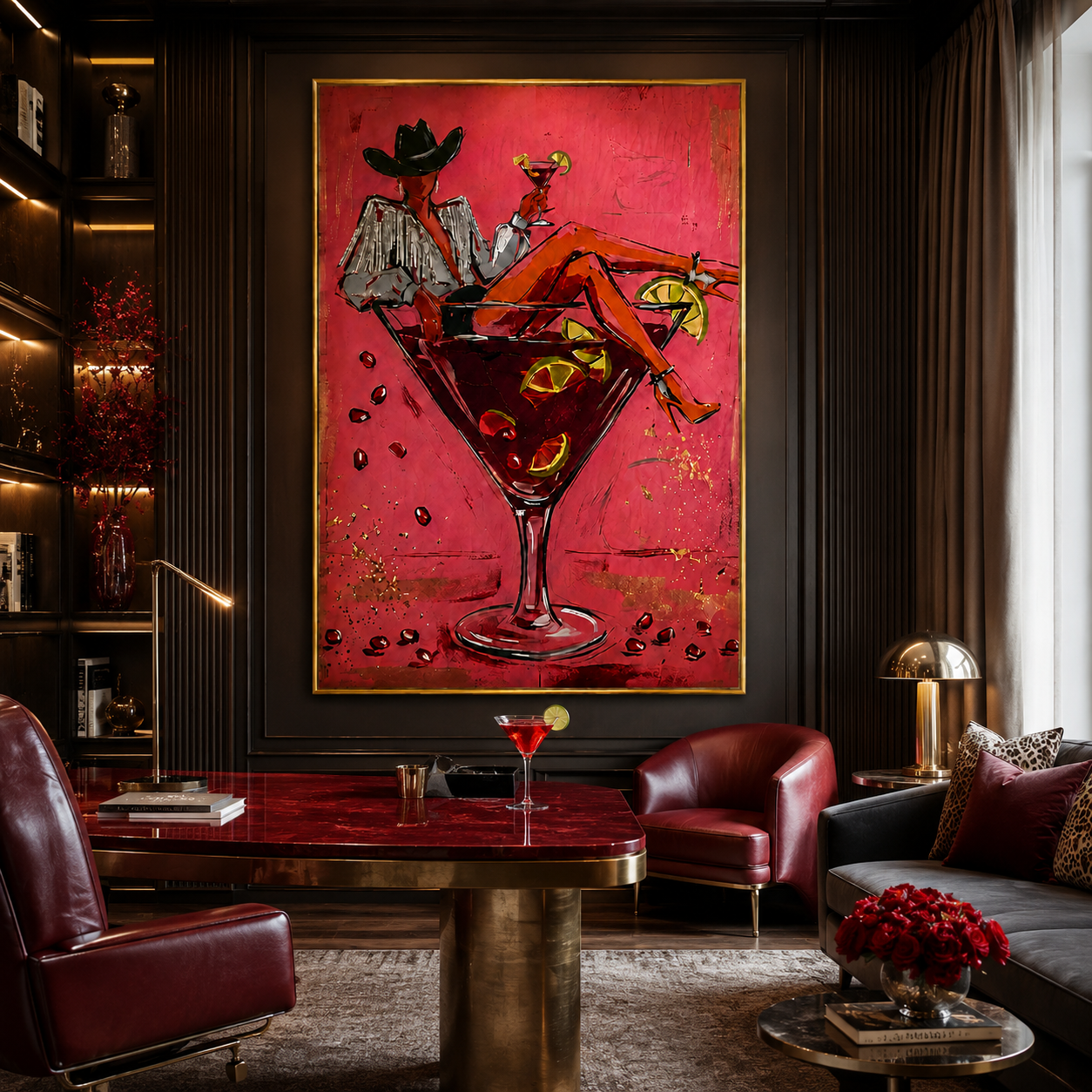 Crimson Martini Cowgirl-Retro Western Painting