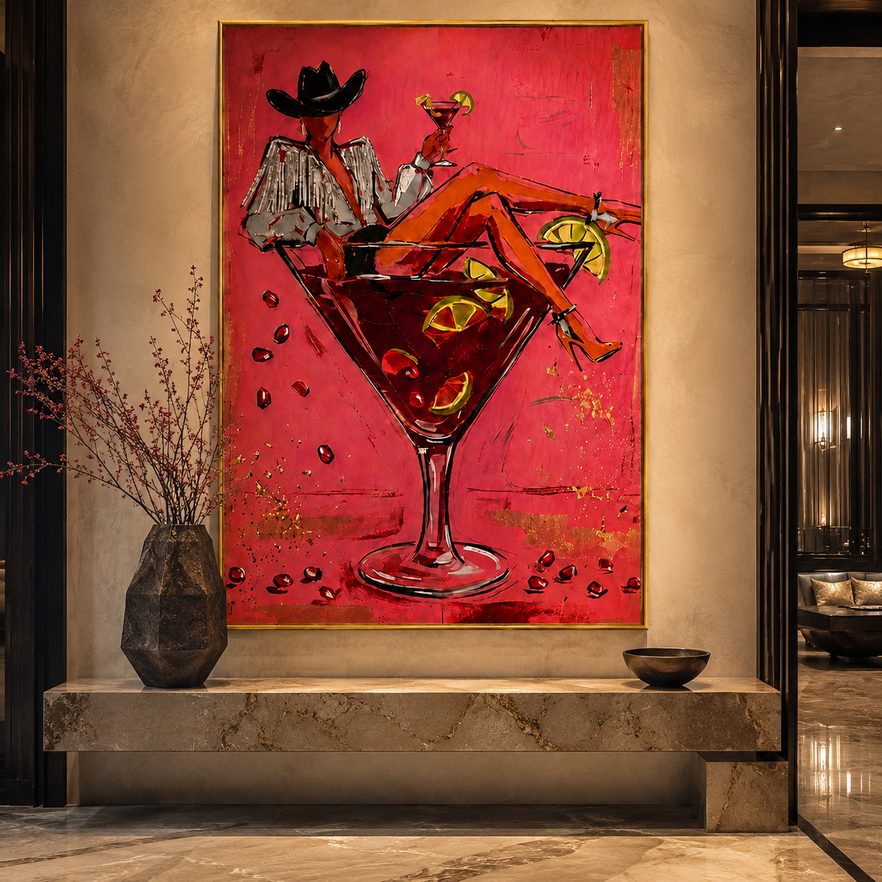 Crimson Martini Cowgirl-Retro Western Painting