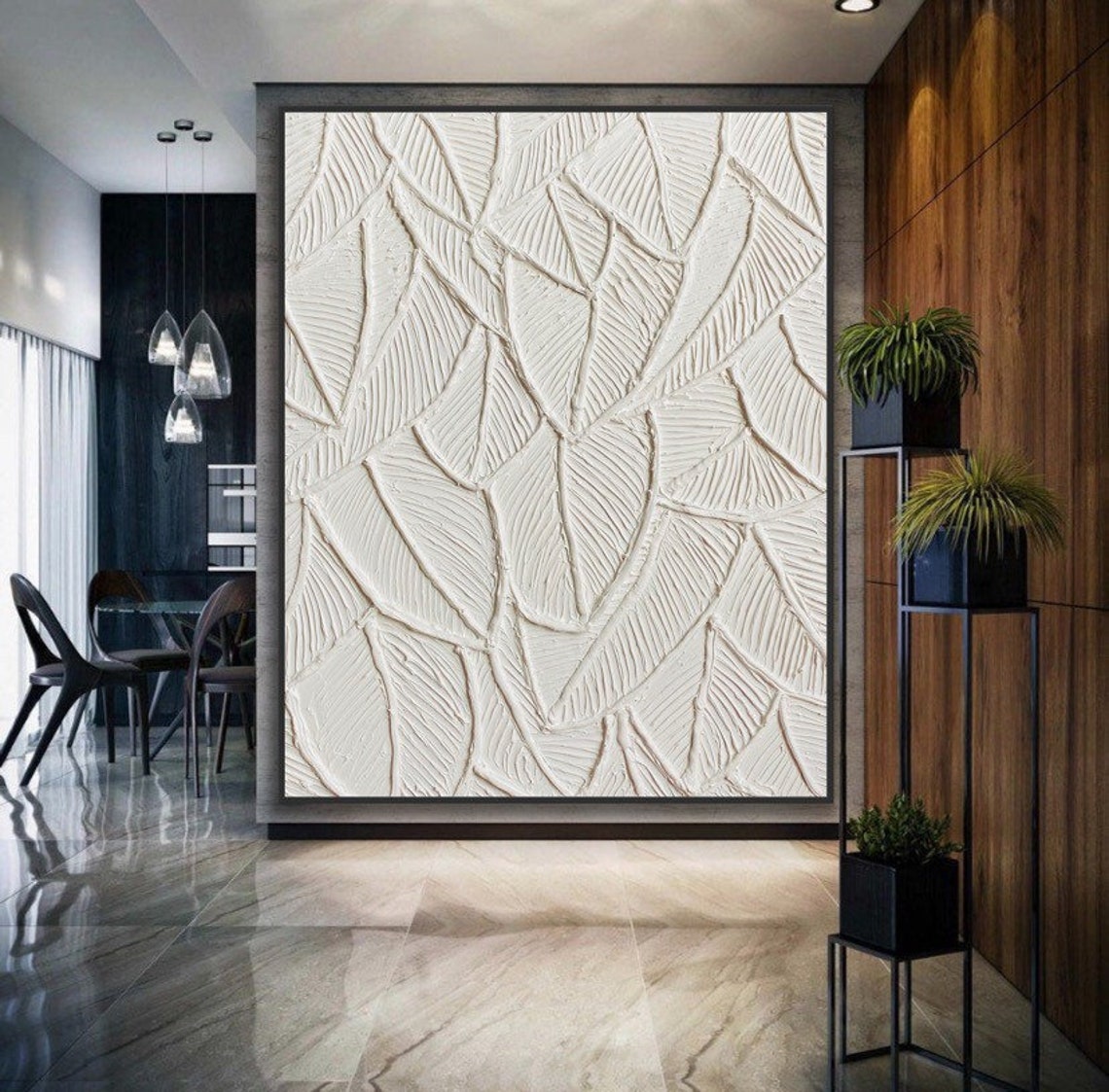 Ivory Canopy-White Leaf Texture Painting
