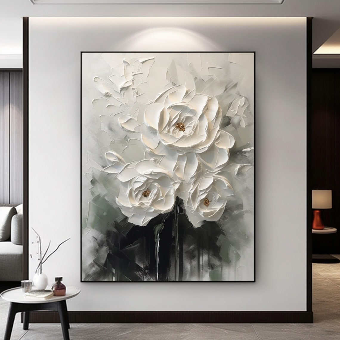 Moonlit Roses-White Floral Relief Painting