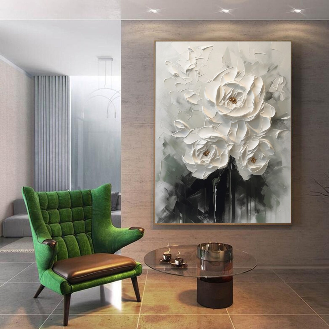 Moonlit Roses-White Floral Relief Painting