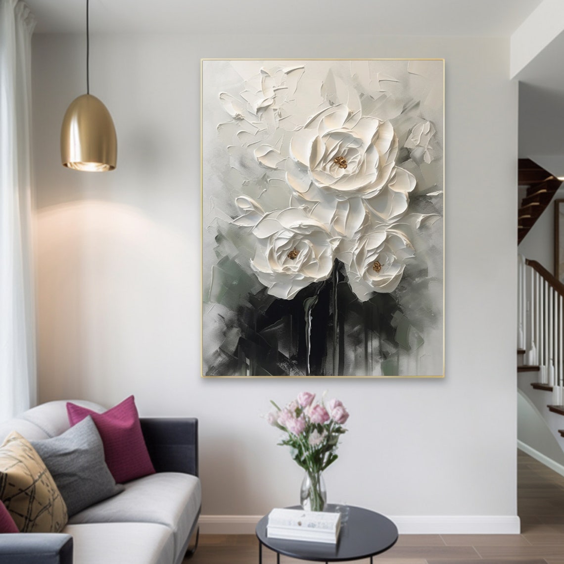 Moonlit Roses-White Floral Relief Painting