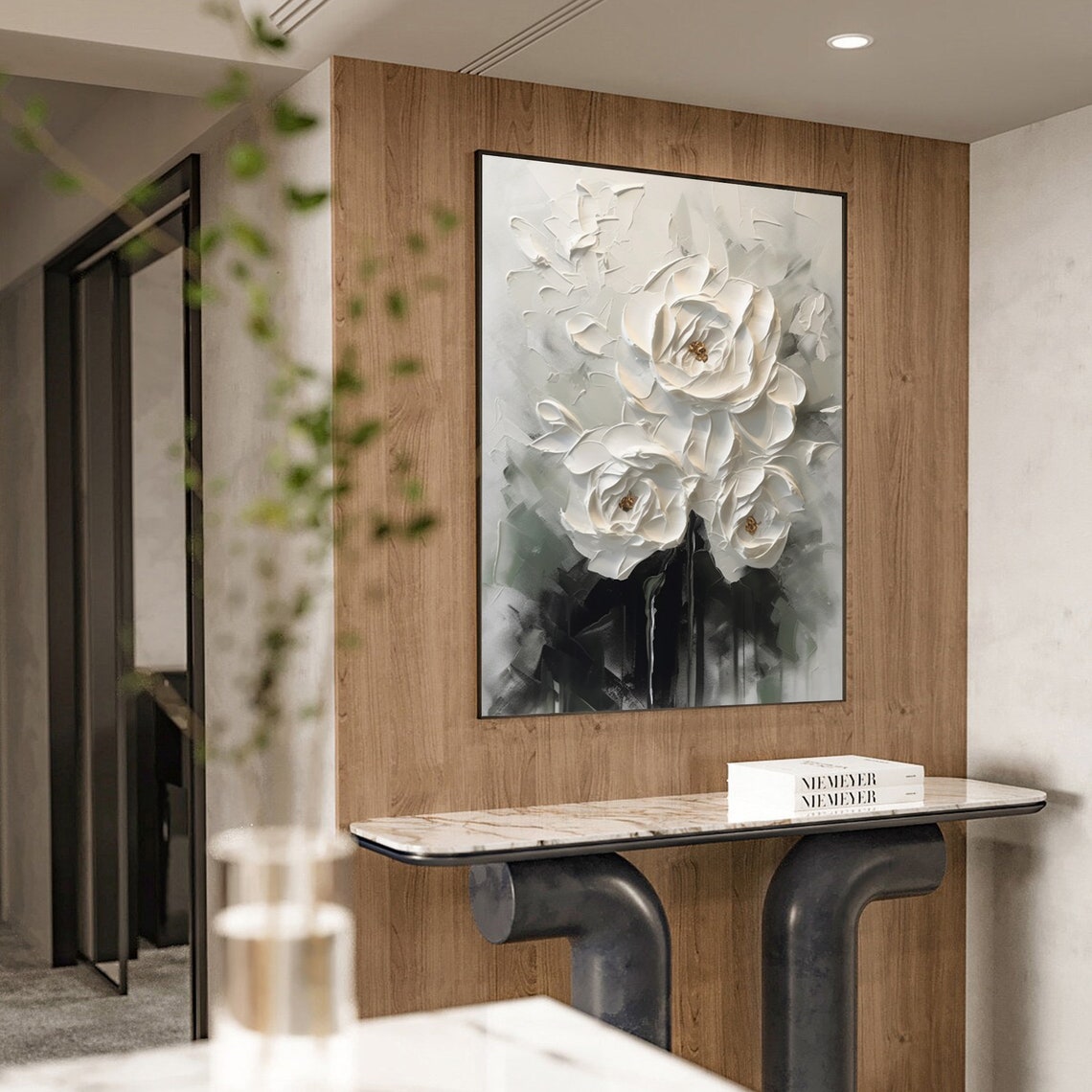 Moonlit Roses-White Floral Relief Painting
