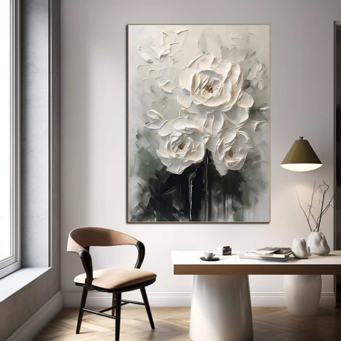 Moonlit Roses-White Floral Relief Painting