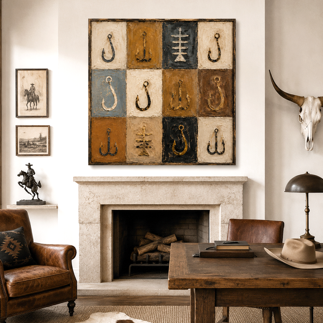Hooked Tiles-Fishing Hook Textured Painting