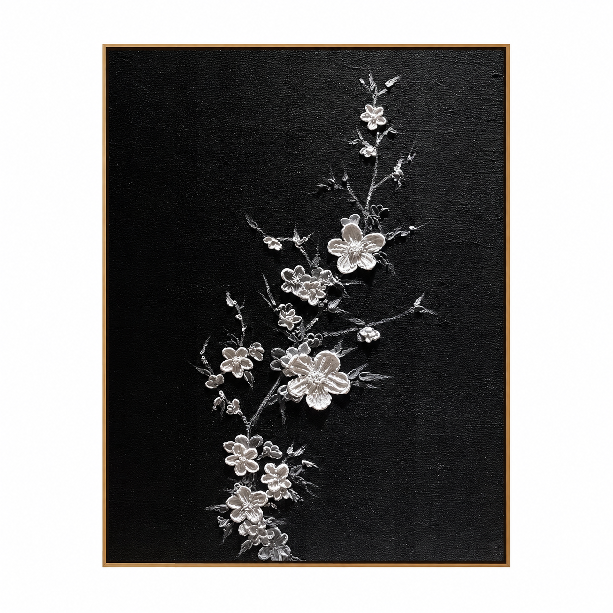 Midnight Blossom-Black Silver Floral Painting