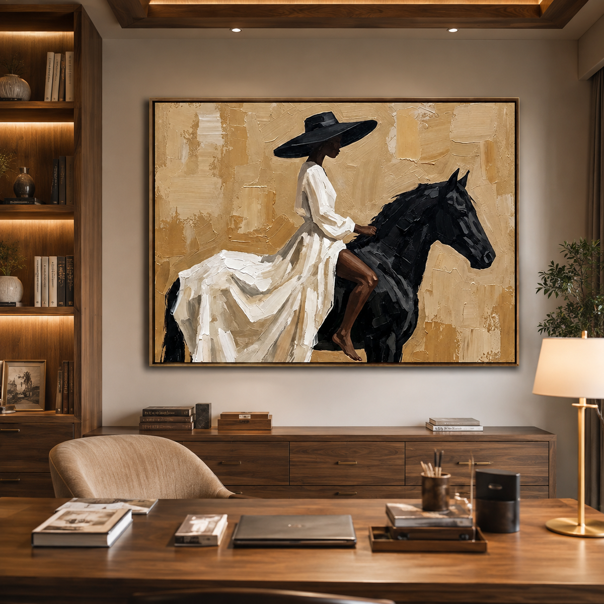 Desert Grace-Black Horse Rider Painting