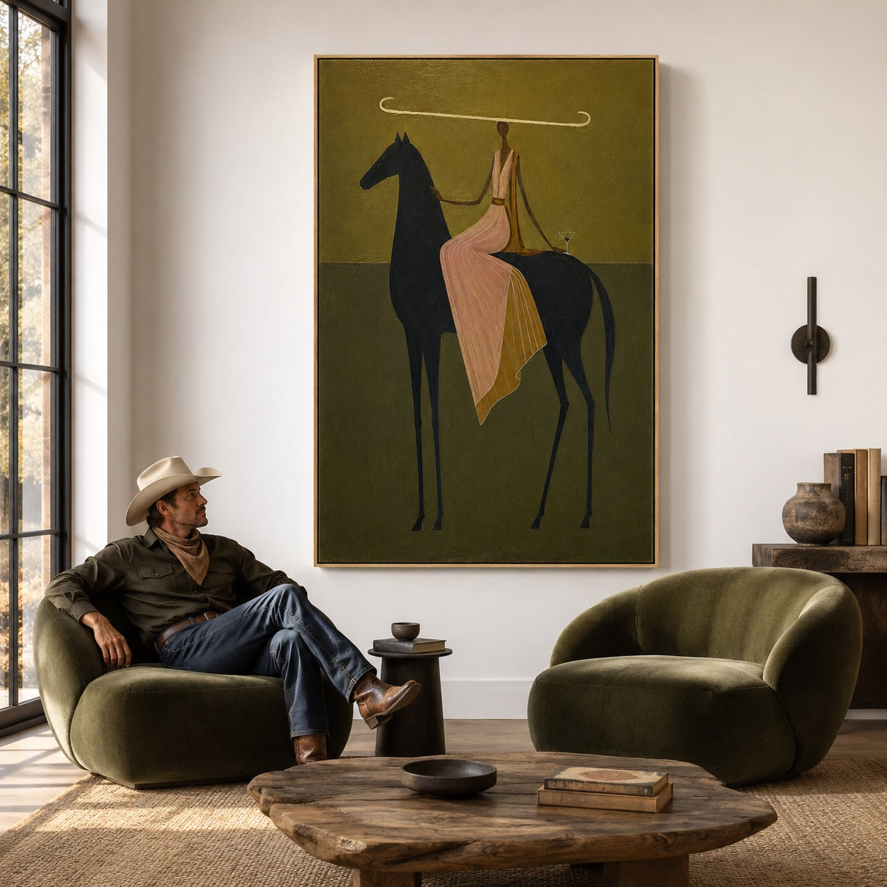Olive Horizon-Long Hat Equestrian Painting