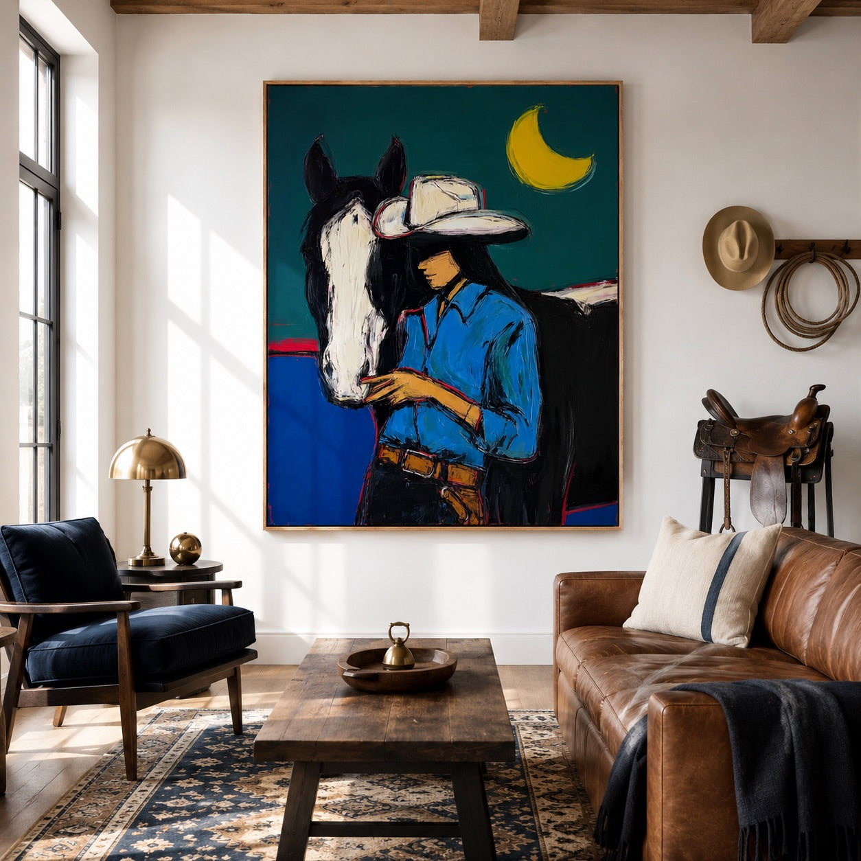 Blue Hour Bond-Cowgirl Horse Oil Painting