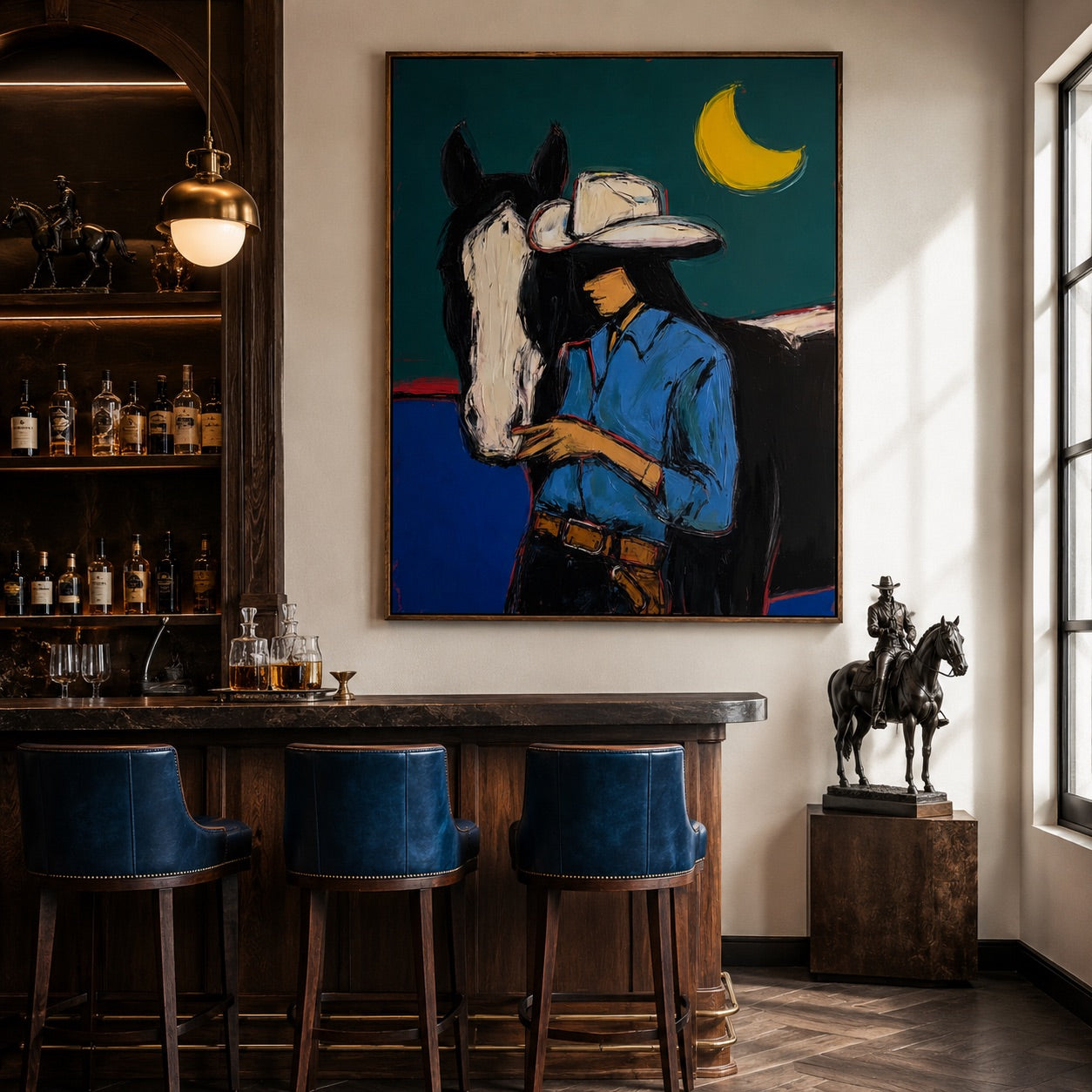 Blue Hour Bond-Cowgirl Horse Oil Painting