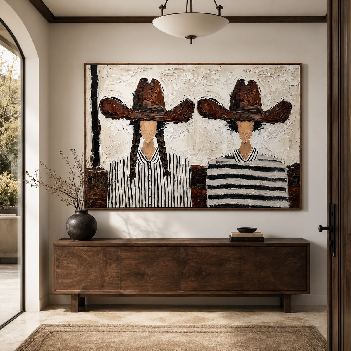 Brown Hat Duo-Cowgirl Portrait Oil Painting