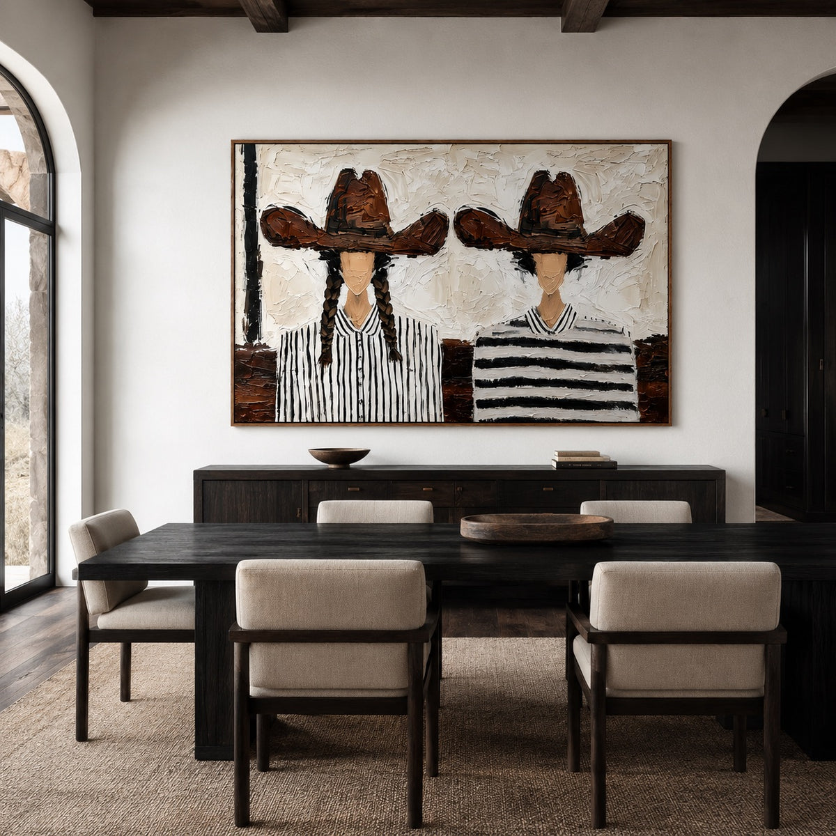 Brown Hat Duo-Cowgirl Portrait Oil Painting
