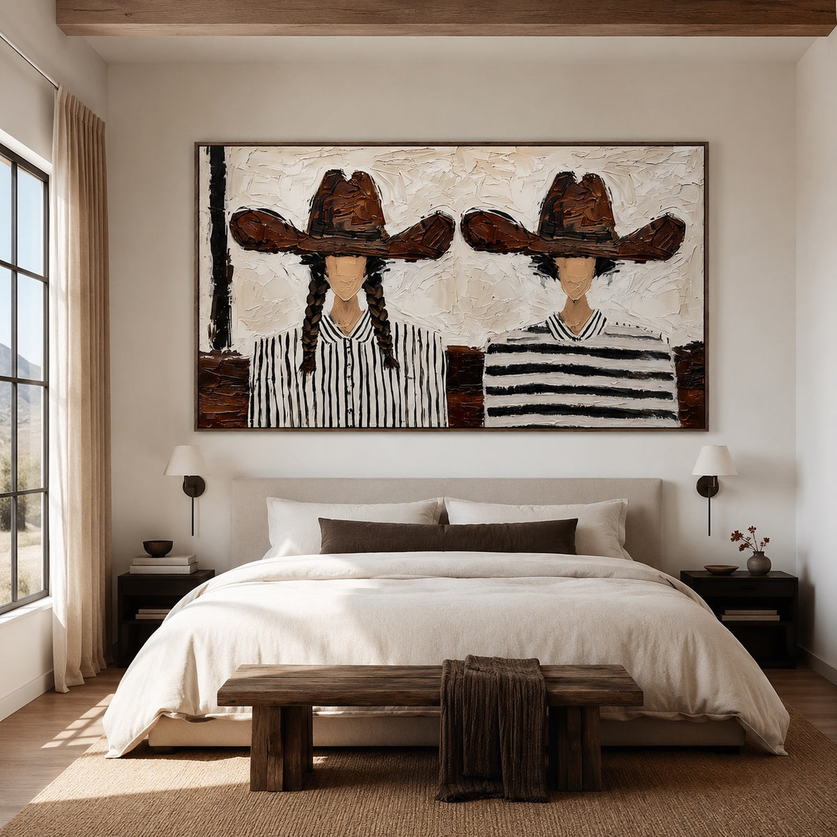 Brown Hat Duo-Cowgirl Portrait Oil Painting