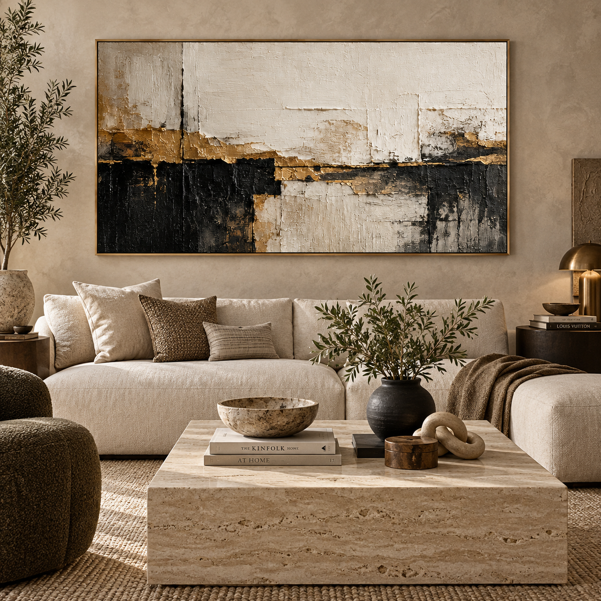 Quiet Divide-Neutral Black Abstract Painting
