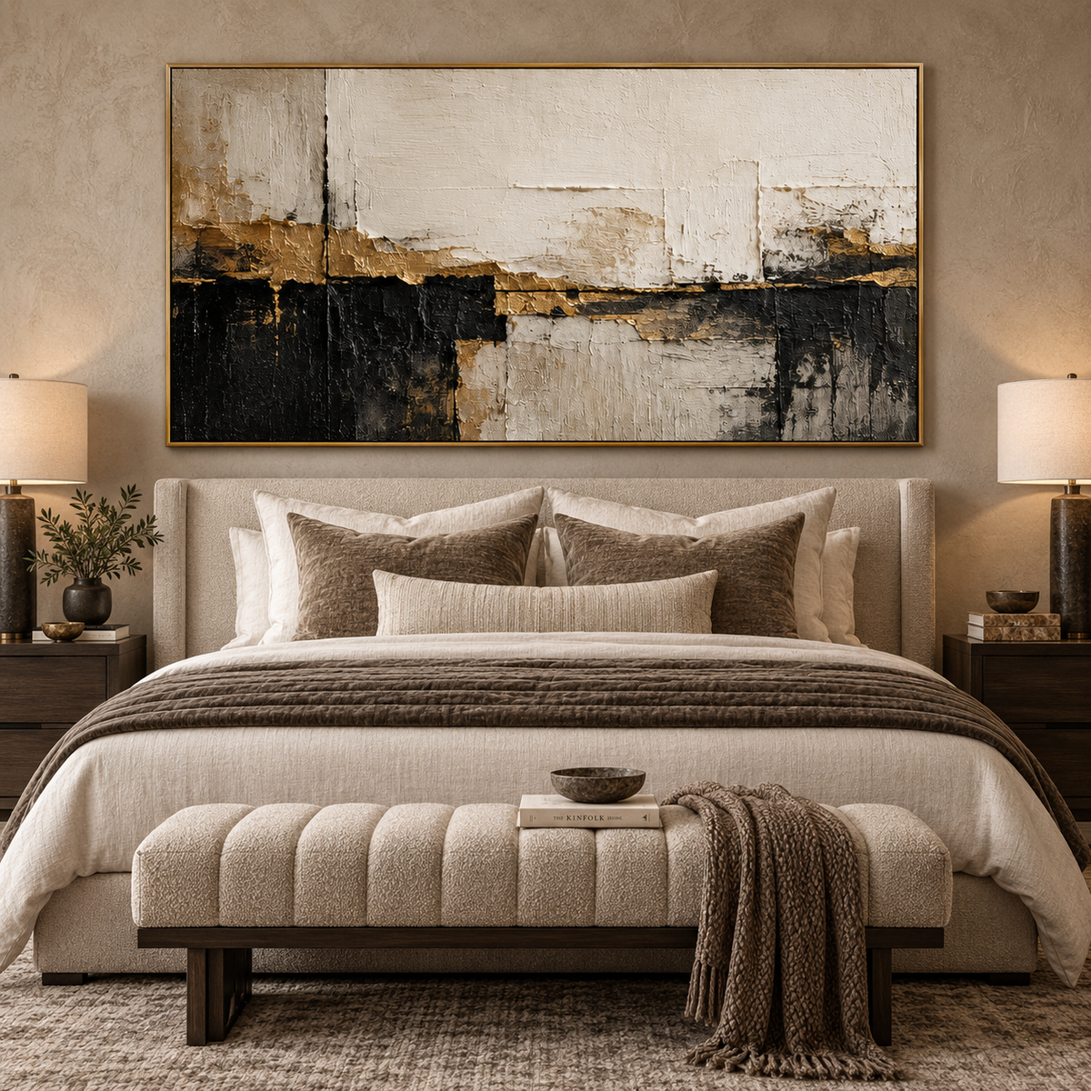 Quiet Divide-Neutral Black Abstract Painting
